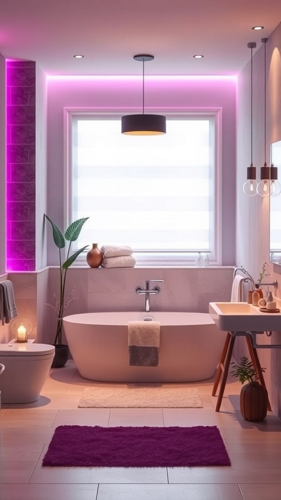 A modern bathroom featuring dark purple accent lighting, a sleek bathtub, and stylish decor.
