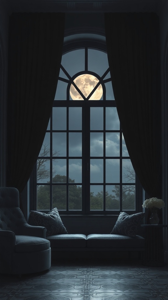 A cozy room with dark velvet drapes framing a window, showcasing a full moon outside.