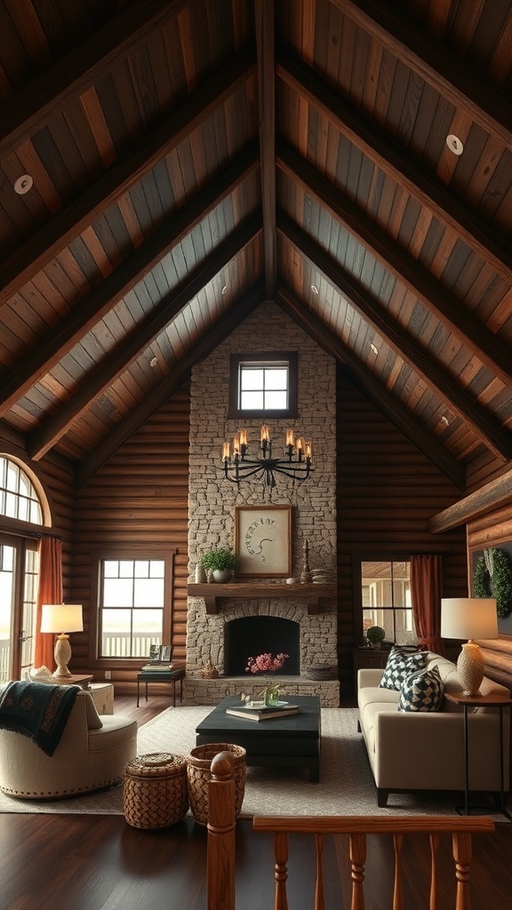 A cozy living room with a vaulted ceiling and dark wood beams, showcasing a stone fireplace and warm decor.