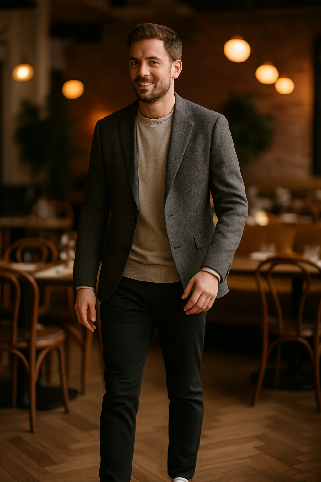 A man confidently walking in a blazer and sneakers, showcasing a stylish date night outfit.