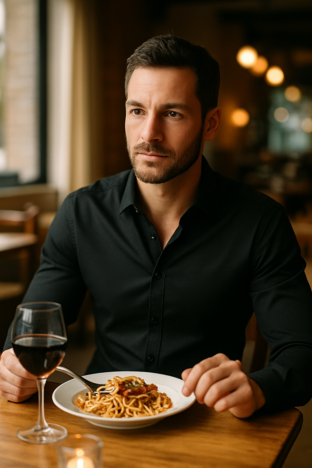 A man in a black button-up shirt sitting at a restaurant table with a plate of pasta and a glass of red wine.