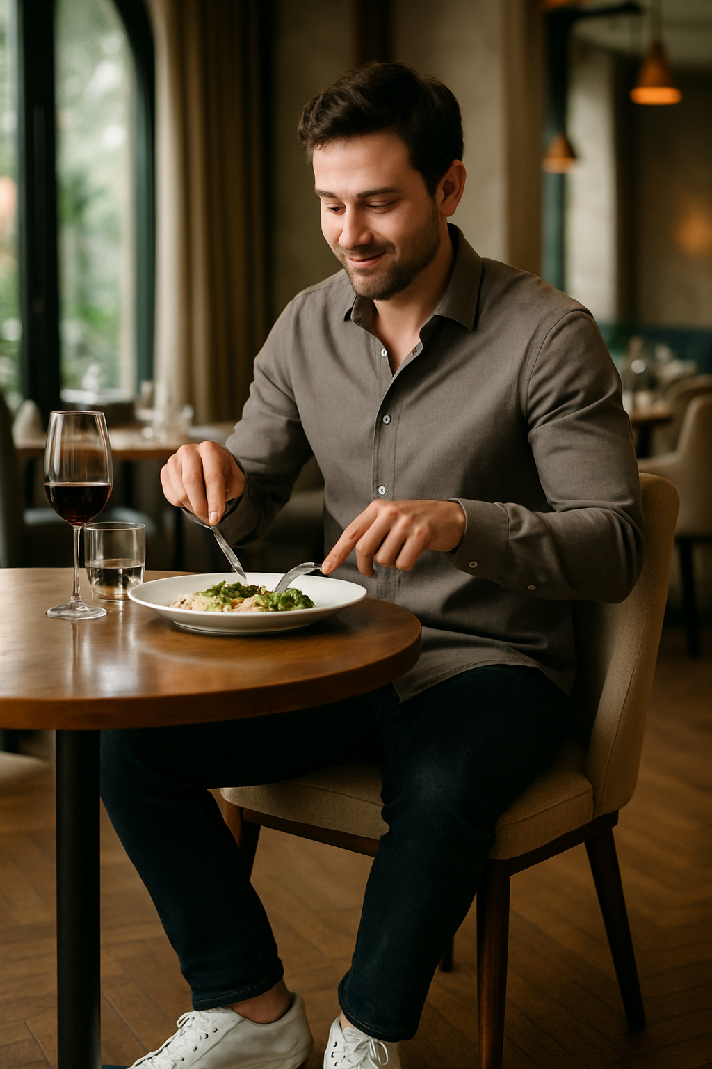 A man enjoying dinner in a restaurant, wearing a stylish shirt, dark jeans, and white shoes.
