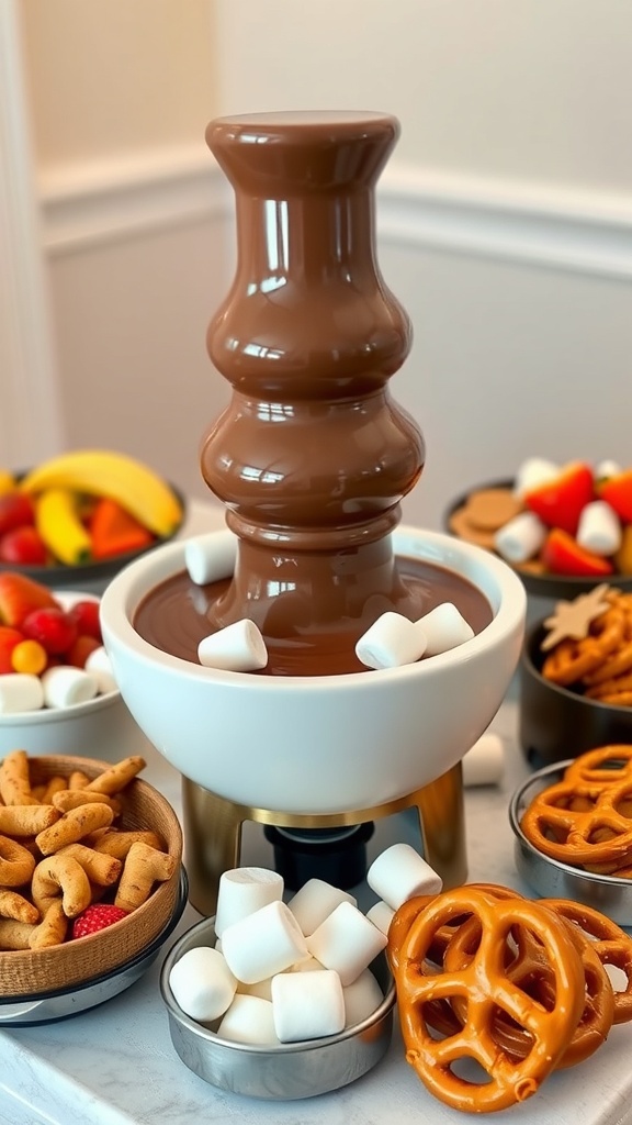 Chocolate fondue fountain surrounded by various dippables like marshmallows, pretzels, and fruits.