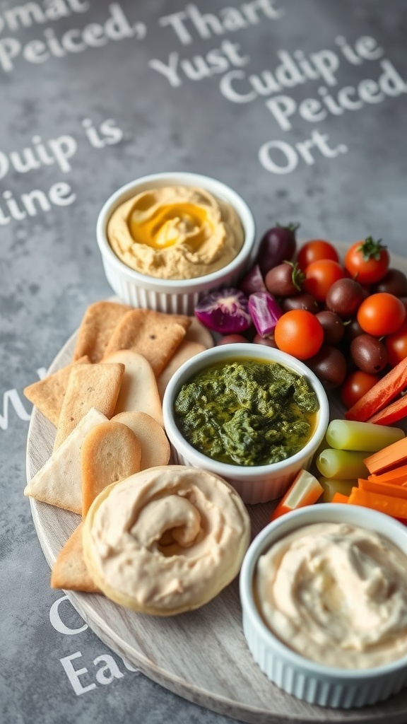 A charcuterie board featuring dips and colorful veggies