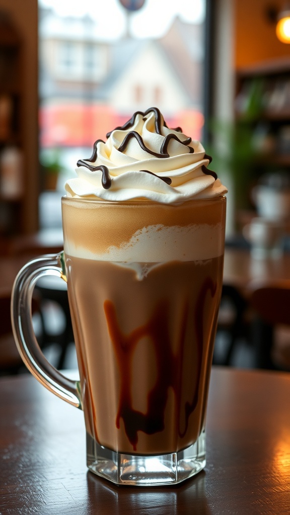 A close-up of a decadent mocha latte with whipped cream and chocolate drizzle on top.