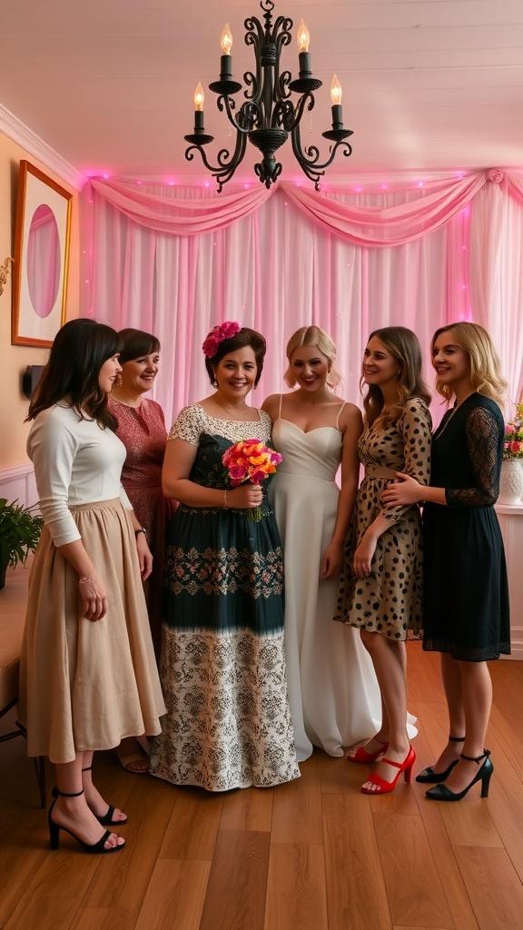 A group of women enjoying a decades-themed bridal shower, showcasing different fashion styles from various eras.