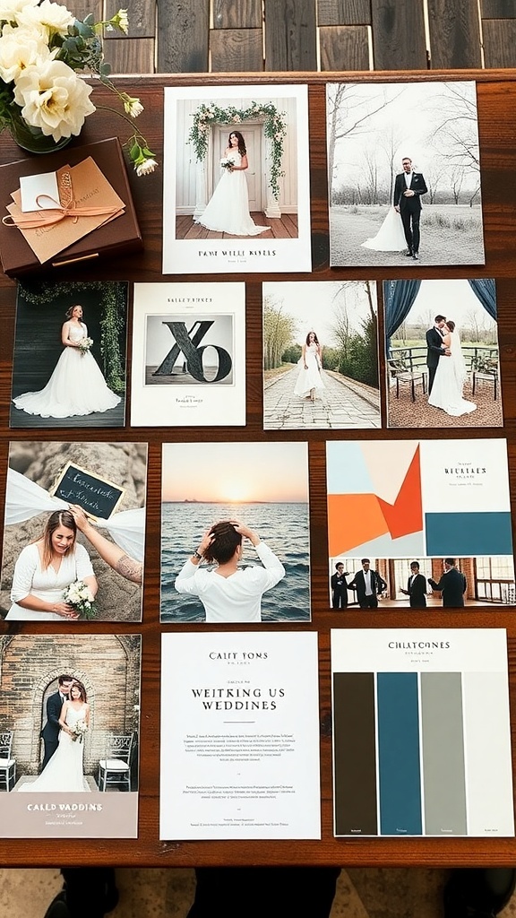 Collage of wedding inspiration boards showcasing different themes, styles, and color palettes.