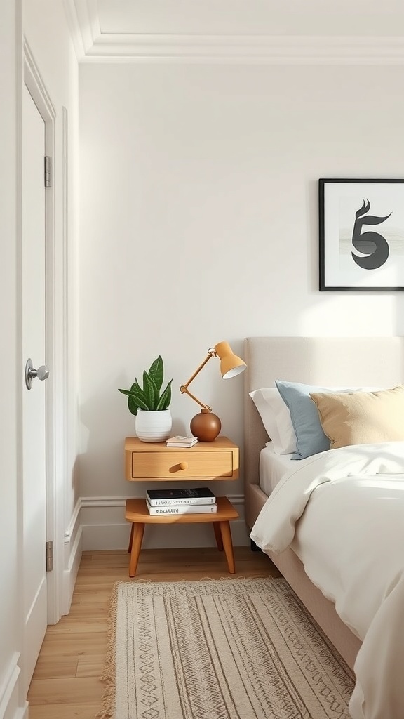 A minimalist bedroom nightstand with a lamp, a plant, and a few books.