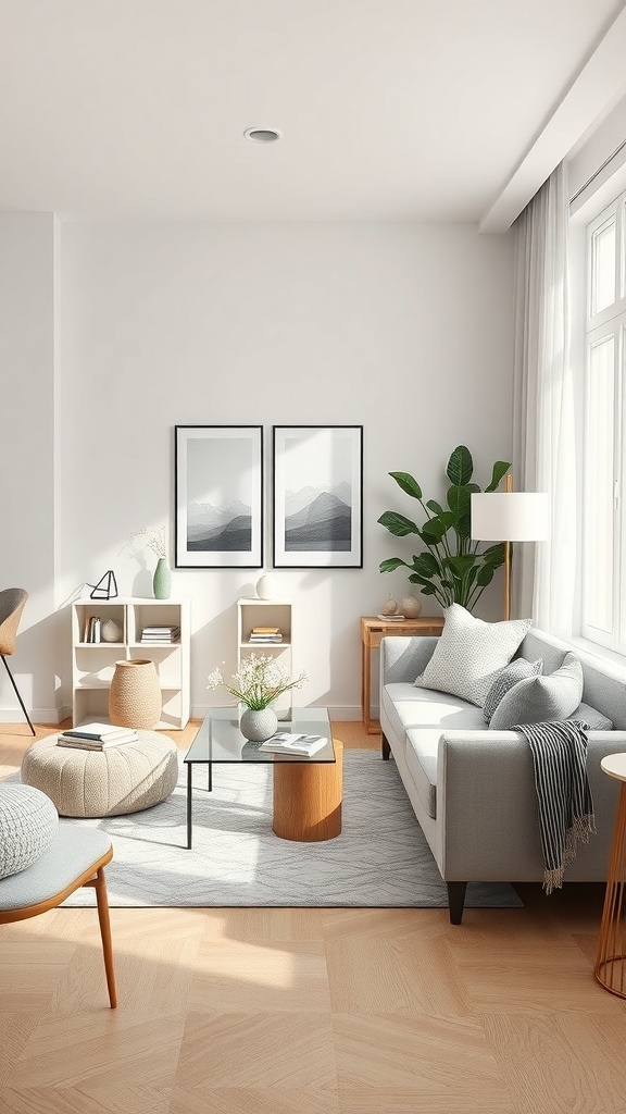 A cozy minimalist living room featuring a gray sofa, wooden accents, and decluttered surfaces.
