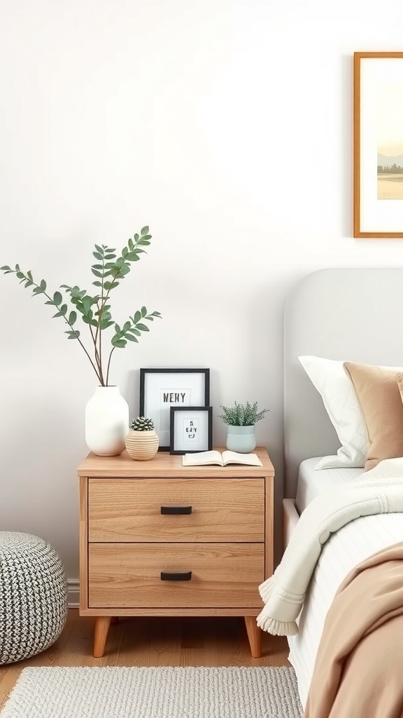A well-organized nightstand with a plant, framed pictures, a book, and a cozy blanket.