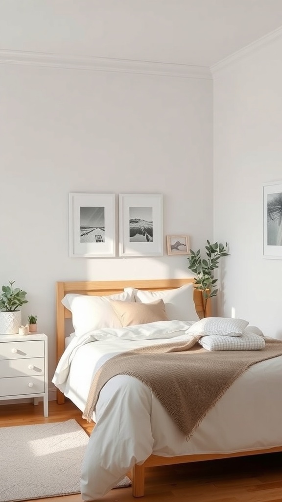 A cozy small bedroom with a wooden bed, white bedding, and minimal decor, featuring plants and framed pictures.