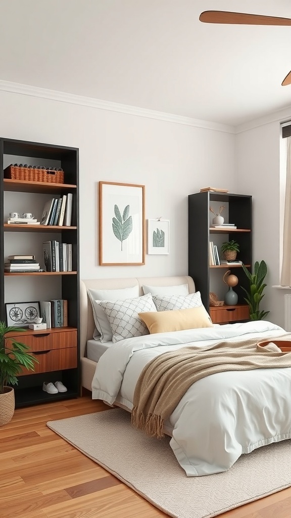 A minimalist bedroom featuring a bed with soft bedding, organized shelves, and a calming color palette.