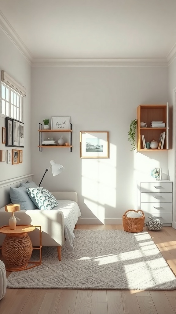 A minimalist teen bedroom featuring a cozy sofa, simple decor, and natural light.