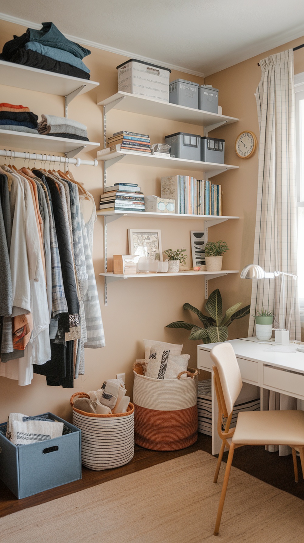 A well-organized small room with shelves, a desk, and storage baskets.