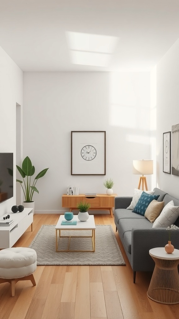 A narrow living room with a modern design featuring a gray sofa, a coffee table, and decorative plants.