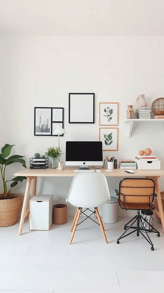 A clean and organized home office desk with a computer, plants, and decorative items.