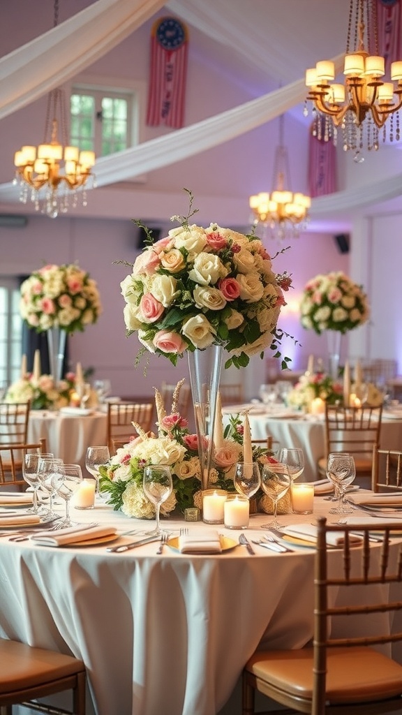 Elegant wedding table setting with floral centerpieces