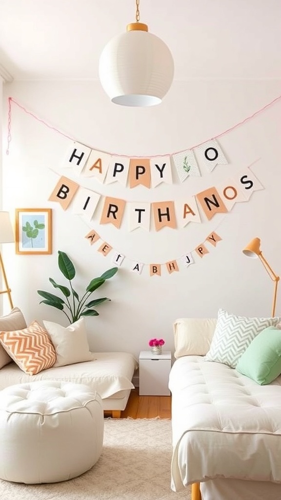Decoración de cumpleaños con banderines personalizados que dicen 'HAPPY BIRTHDAY' en un cuarto acogedor.