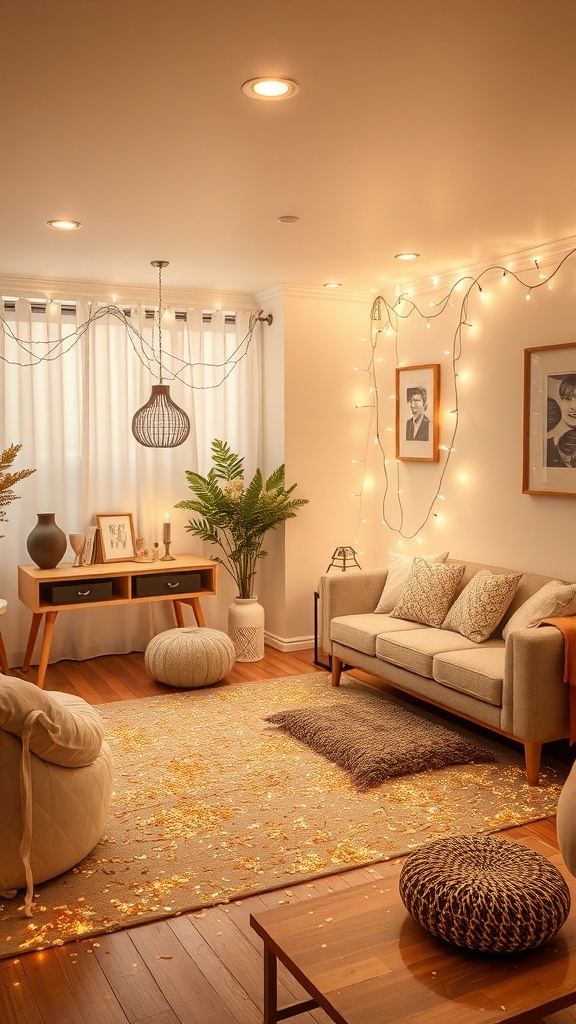 Salón decorado con confeti brillante en el suelo y luces suaves.