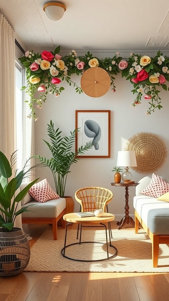 Decoración de un cuarto con flores frescas en la pared y plantas en el interior.