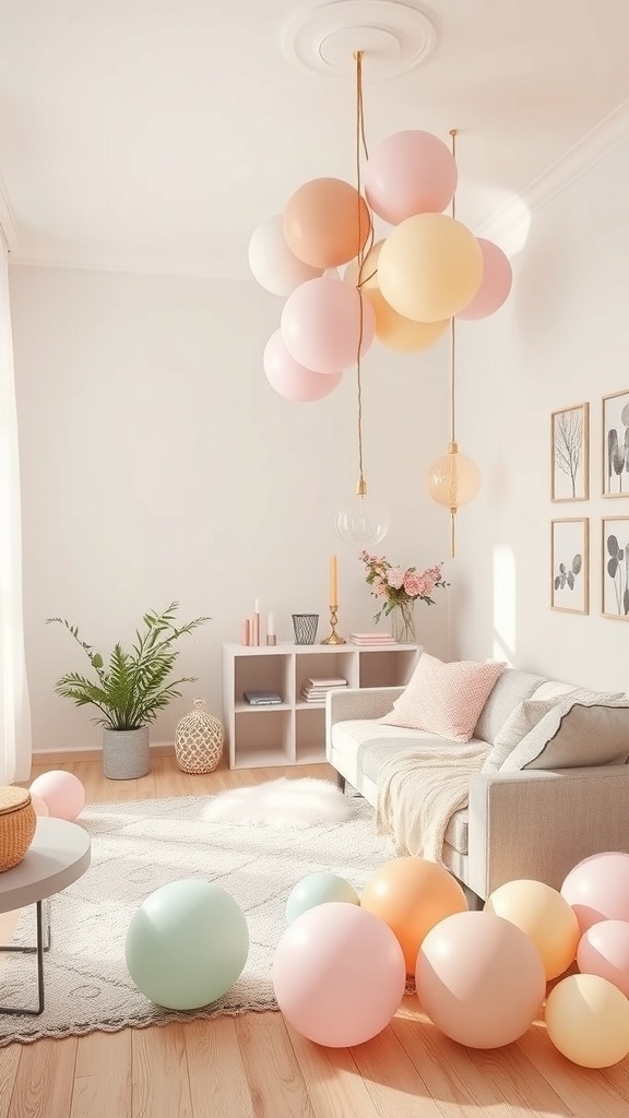 Decoración de un cuarto de cumpleaños con globos en tonos pastel, un sofá y una planta.