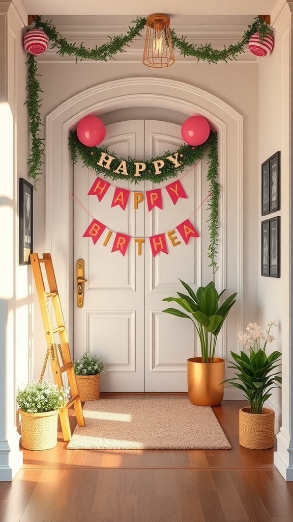 Decoración de la puerta de entrada para una fiesta de cumpleaños con globos, pancarta y plantas.