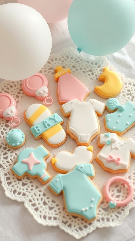 Decorated sugar cookies for a baby shower, featuring baby clothes, pacifiers, and a moon in pastel colors.