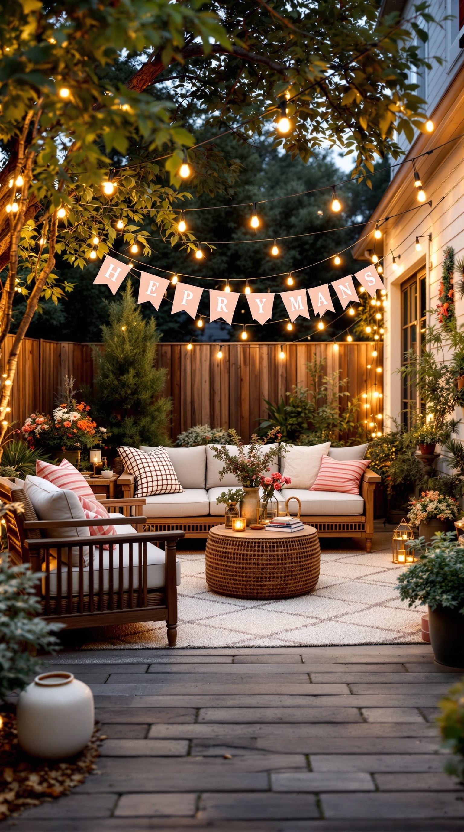 A cozy backyard decorated with string lights, comfortable seating, and a festive banner.