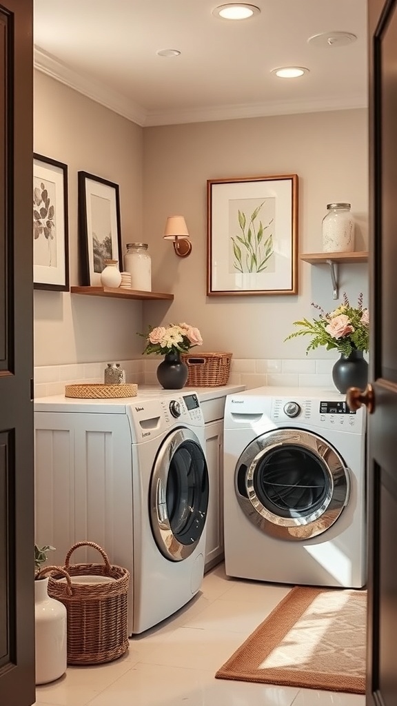 A stylish laundry room featuring modern appliances, decorative wall art, and cozy accents.