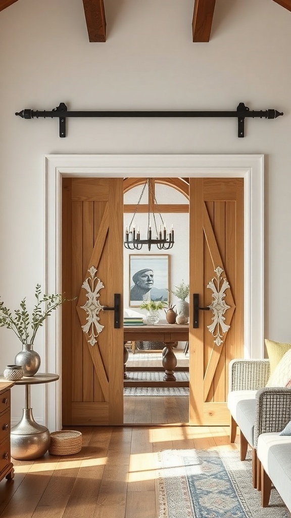 A beautiful set of decorative barn doors with intricate carvings, showcasing a rustic yet modern design.