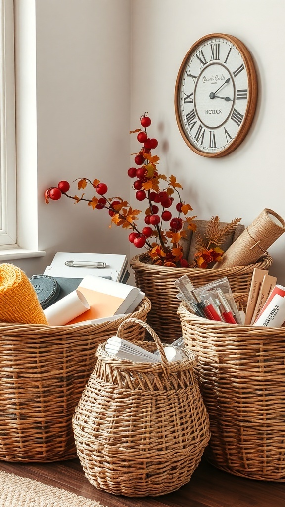 A cozy office corner featuring decorative woven baskets filled with office supplies and autumn decor.