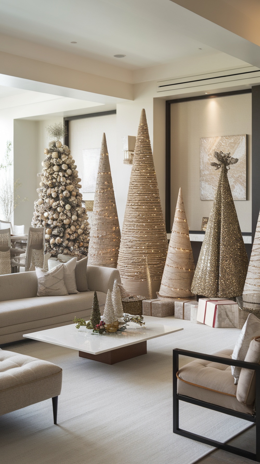 A stylish living room with decorative Christmas trees, including a classic tree with ornaments and modern cone-shaped trees.