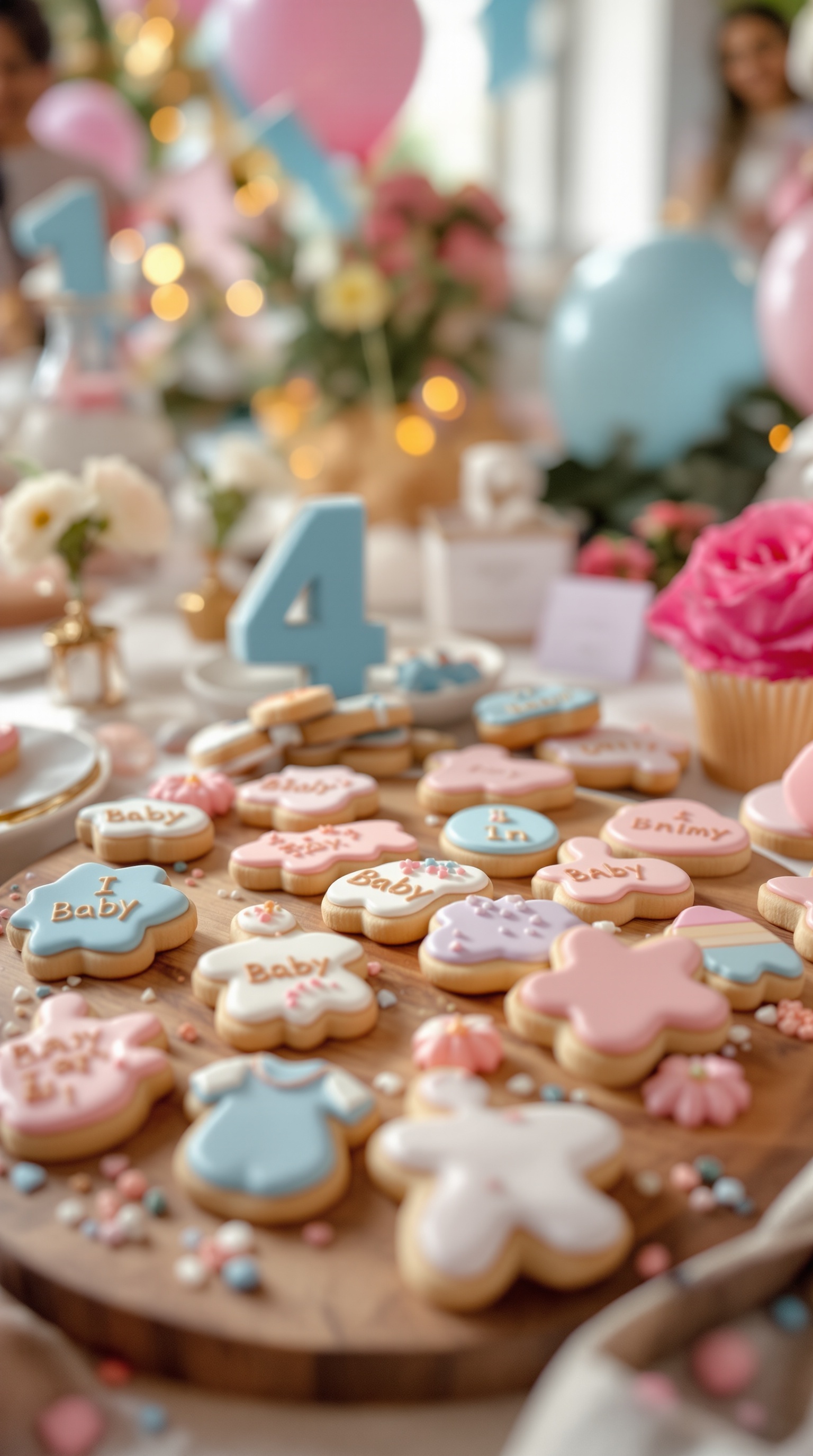 A variety of decorative cookies for a gender reveal party, featuring pink and blue colors and baby-themed shapes.