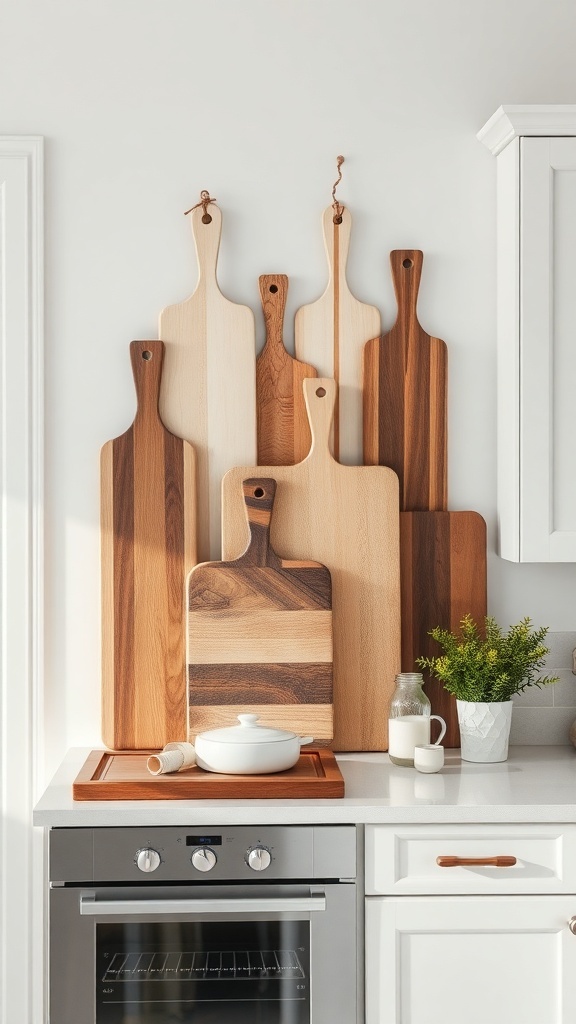 A collection of decorative wooden cutting boards displayed on a kitchen wall.