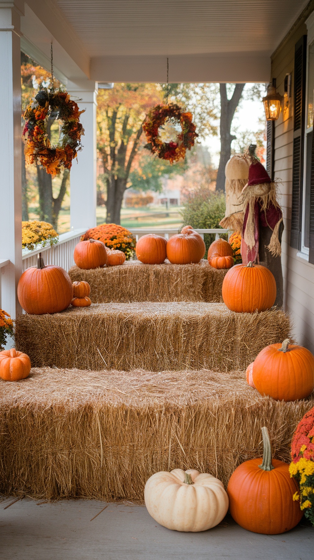 A porch decorated with hay bales as seating, surrounded by pumpkins and fall foliage.