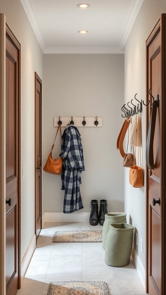A small hallway with decorative hooks for coats and bags, featuring a checkered shirt and stylish bags.