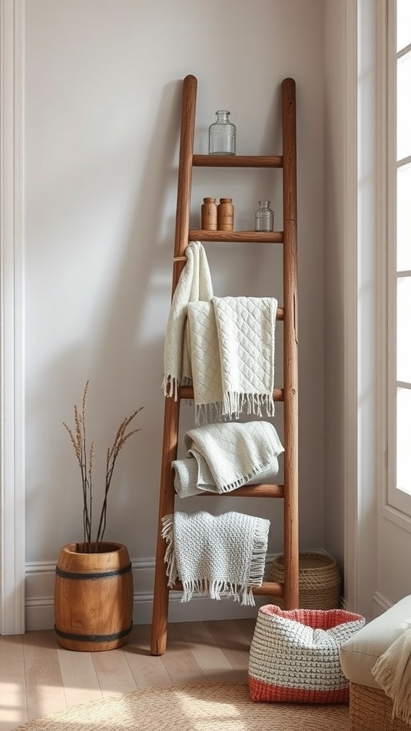 A wooden decorative ladder displaying cozy blankets, with a wooden barrel and a woven basket nearby.