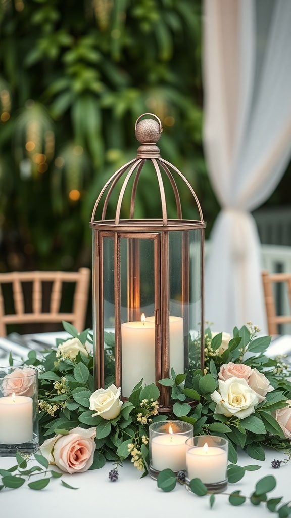 A beautifully arranged wedding centerpiece featuring a decorative lantern surrounded by greenery and flowers.