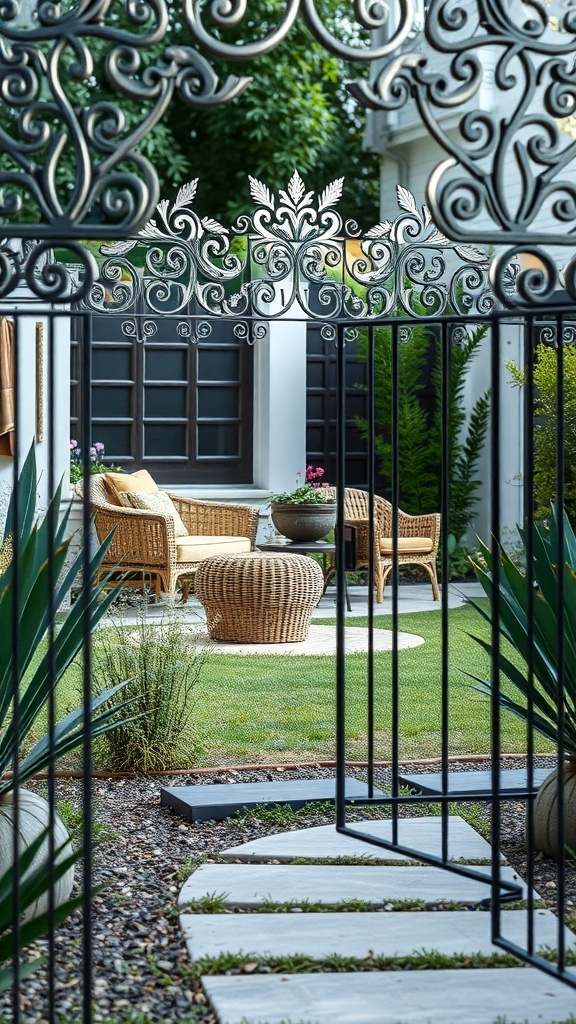 Decorative metal panel framing a cozy backyard seating area