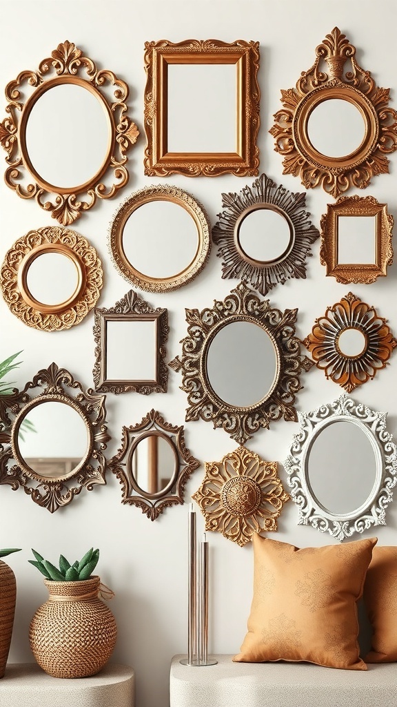 A collection of decorative mirror frames in various shapes and colors on a wall.