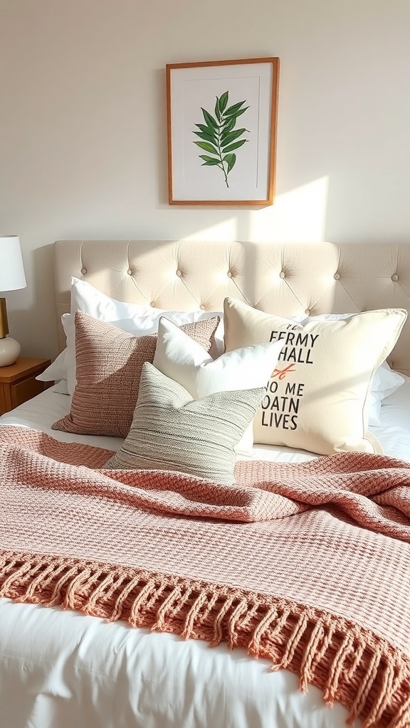 A cozy bedroom with decorative pillows and a soft peach throw blanket on the bed, featuring a leaf print artwork on the wall.