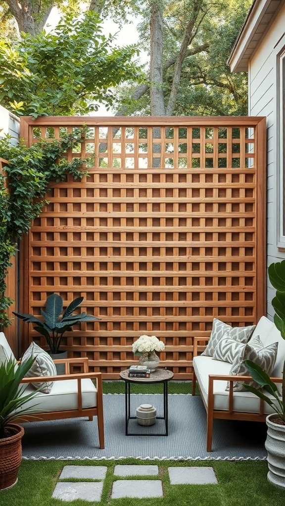 A cozy backyard with a wooden lattice privacy screen, comfortable seating, and decorative plants.