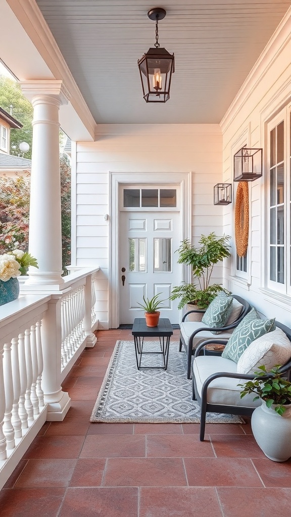 A cozy porch with decorative railings, seating, and plants.