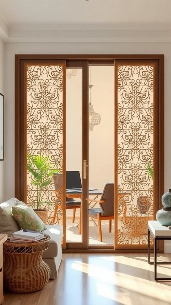 Decorative screens on sliding glass doors with intricate patterns, showcasing a cozy living space.