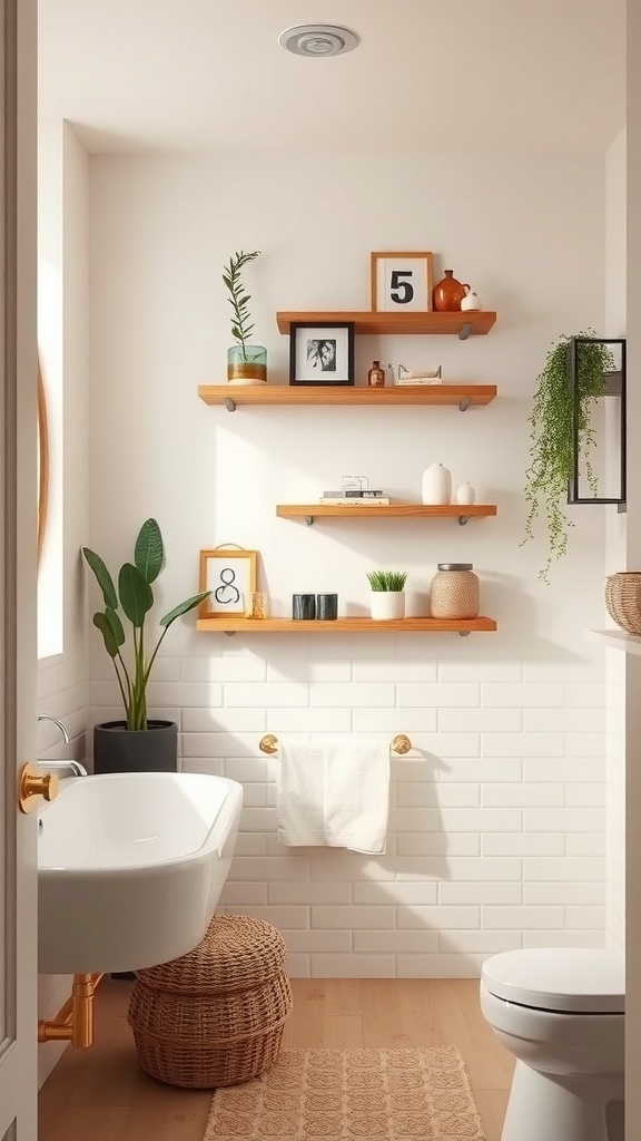 A stylish bathroom with decorative wooden shelves, plants, and decorative items