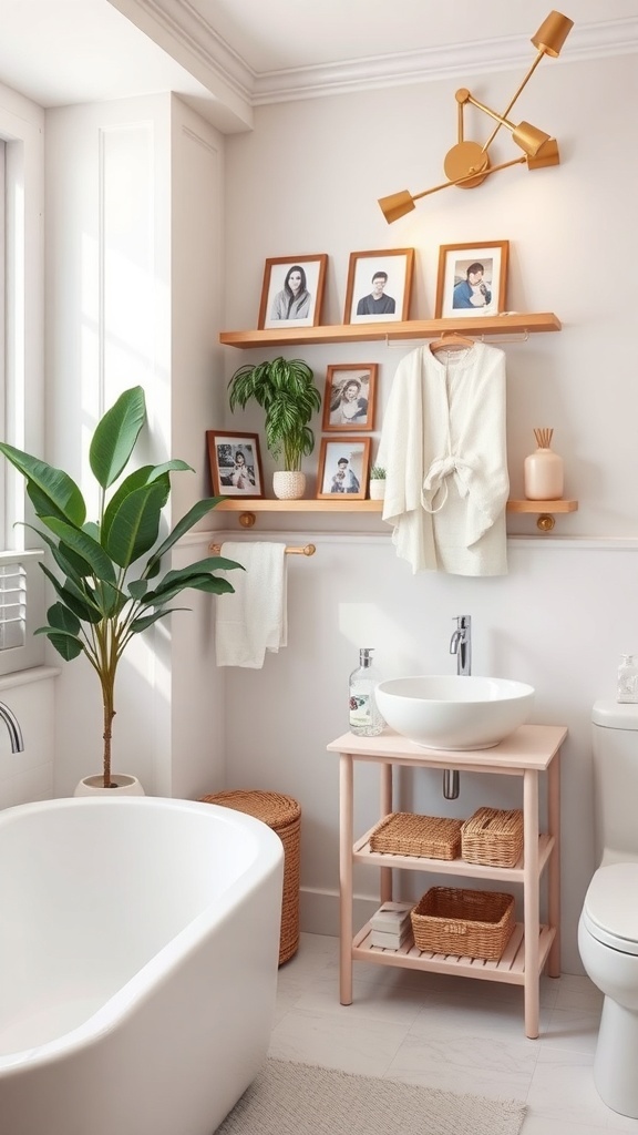 A stylish bathroom with wooden shelves displaying framed photos and a plant, featuring a modern sink and woven storage baskets.