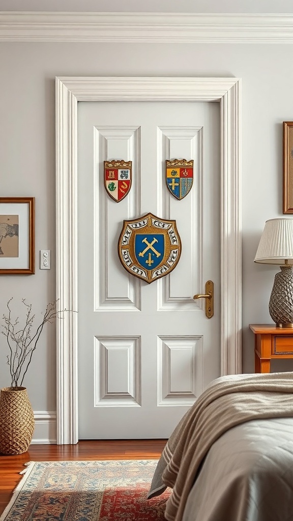 A white bedroom door adorned with decorative shields, showcasing a unique and stylish look.