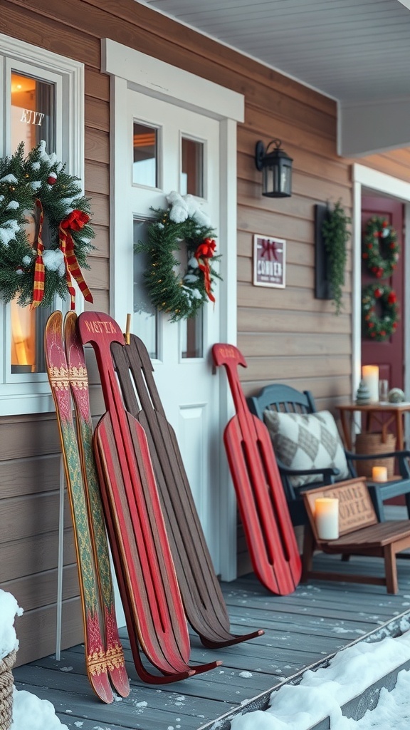 A winter porch decorated with colorful sleds and skis, surrounded by wreaths and snow.