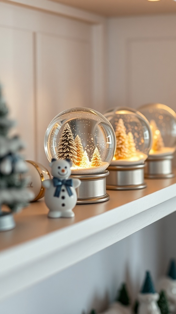 A collection of decorative snow globes featuring snowy trees and a snowman.