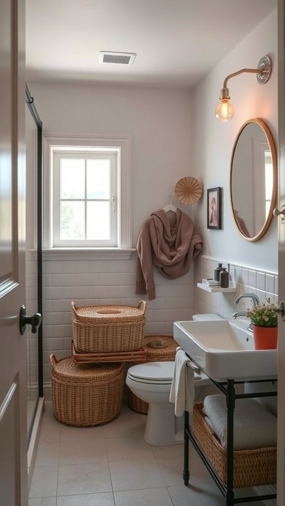 Small bathroom with decorative storage baskets and modern design elements.